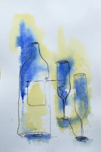 Aquarellbild: Linienzeichnung Flaschen