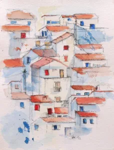 Aquarellbild: Häuser am Berg