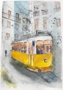 Aquarellbild: Straßenbahn Lissabon