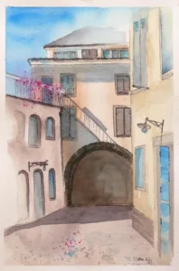 Aquarellbild: Innenhof Lazise Gardasee