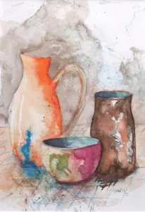 Aquarellbild: Stillleben Krüge
