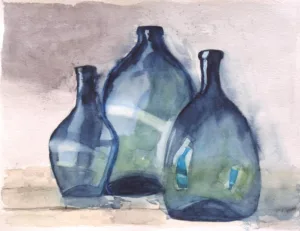 Aquarellbild: Stillleben blaue Vasen