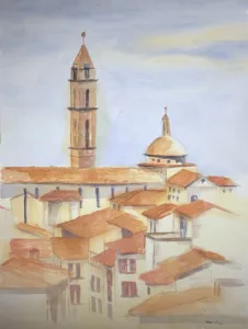 Aquarellbild: Stadtansicht von Bologna